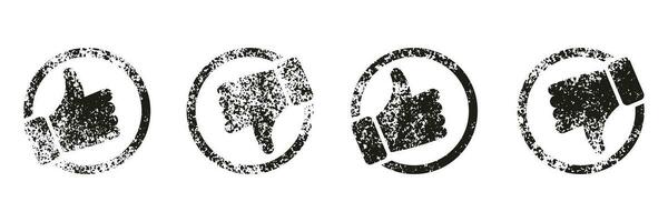 Like and Dislike with Grunge Texture Pictogram. Thumb Up Thumb Down Silhouette Icon Set. Good and Bad Gesture Button Black Signs. Social Media Feedback Symbol Collection. Isolated Vector Illustration.