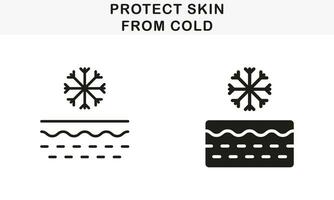barrera desde enfriamiento símbolo recopilación. copo de nieve en piel capa. piel proteccion de congelación línea y silueta negro icono colocar. efecto de piel frío pictograma. aislado vector ilustración.