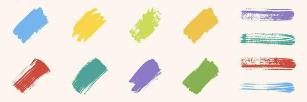 Brush Stroke Paint Color Set. Paintbrush Grimy Texture. Watercolor Stain, Brushstroke Splash. Ink Scribble, Splatter Collection. Dirty Blotch. Abstract Design Element. Isolated Vector Illustration.