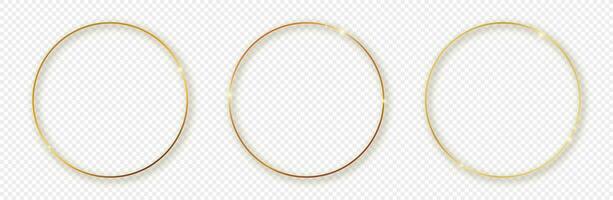 Set of three gold glowing circle frames with shadow isolated on background. Shiny frame with glowing effects. Vector illustration.