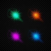 Light effect of lens flares. Set of four green, orange, purple and blue glowing lights starburst effects with sparkles on a dark background. Vector illustration