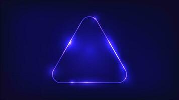 Neon rounded triangle frame with shining effects on dark background. Empty glowing techno backdrop. Vector illustration.