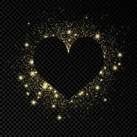 Heart shape frame with golden glitter on dark background. Greeting card with empty dark background. Vector illustration.