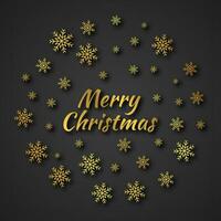Christmas round banner with gold snowflakes and shadows on dark background and inscription Merry Christmas. Vector illustration