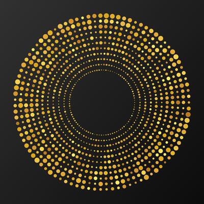 Abstract gold glowing halftone dotted background. Gold glitter pattern in circle form. Circle halftone dots. Vector illustration