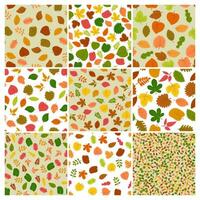 Seamless autumn leaves backgrounds. Set of nine patterns with colorful autumn leaves. Vector illustration