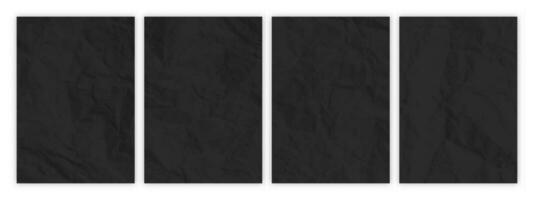 Set of wrinkled black paper in A4 format. Crumpled empty sheets of paper with shadow for posters and banners. Vector illustration