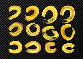 Gold grunge brush strokes in circle form. Set of twelve painted ink circles. Ink spot isolated on background. Vector illustration