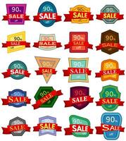 Set of twenty discount stickers. Colorful badges with red ribbon for sale 90 percent off. Vector illustration.