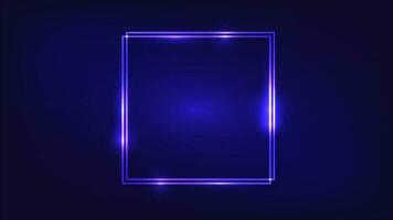 Neon double square frame with shining effects on dark background. Empty glowing techno backdrop. Vector illustration.