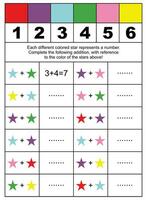 Preschool worksheet for practicing fine motor skills. Learning numbers and counting. Student activity sheet for addition with the help of colors. vector