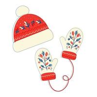 Warm clothes, gloves and hats, knitted accessories, Christmas patterns, New Year. Winter mittens and hat in christmas colors isolated on white background. vector