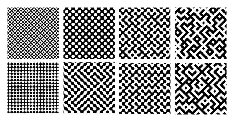Seamless geometric pattern set. Minimalistic seamless pattern with black geometric forms