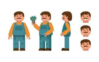 personaje jardinero en diferente poses con emociones vector