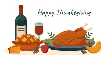 Thanksgiving dinner concept. Roasted turkey with pumpkin pie and bottle of wine on the table. vector