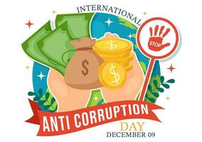 anti corrupción día vector ilustración en 9 9 diciembre con detener dar dinero y moneda dólar con un prohibición firmar en plano dibujos animados antecedentes diseño