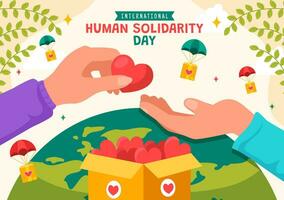 internacional humano solidaridad día vector ilustración en diciembre 20 con tierra, manos y amor para personas ayuda persona en plano dibujos animados antecedentes