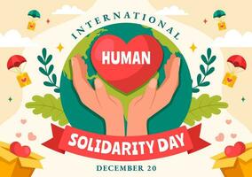 internacional humano solidaridad día vector ilustración en diciembre 20 con tierra, manos y amor para personas ayuda persona en plano dibujos animados antecedentes