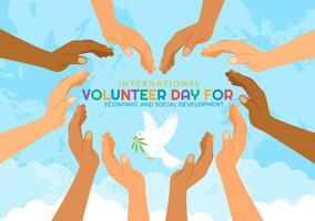 internacional voluntario día para económico y social desarrollo vector ilustración en diciembre 5 5 con manos y palomas en plano dibujos animados antecedentes