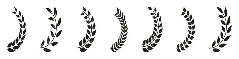 Laurel Wreath In Half Circle Shape Black Icon Set. Olive Leaf Ornate, Vintage Tree Branch, Floral Border. Natural Heraldic Decoration Collection. Isolated Vector Illustration.