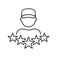 Delivery Man Review Line Icon. Courier Rating Linear Pictogram. Client Satisfaction Outline Symbol. Customer Feedback, Deliveryman with Five Stars Sign. Editable Stroke. Isolated Vector Illustration.