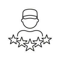 Delivery Man Review Line Icon. Courier Rating Linear Pictogram. Client Satisfaction Outline Symbol. Customer Feedback, Deliveryman with Five Stars Sign. Editable Stroke. Isolated Vector Illustration.