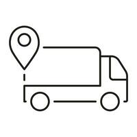 Delivery Service Truck with Pin Location Line Icon. Shipment Route Linear Pictogram. Order Dispatch, Van Navigation Outline Symbol. Shipping Place Sign. Editable Stroke. Isolated Vector Illustration.