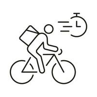 Express Delivery Service Linear Pictogram. Courier On Bike with Clock Line Icon. Food or Goods Fast Shipping Symbol. Speed Deliveryman on Bicycle Sign. Editable Stroke. Isolated Vector Illustration.