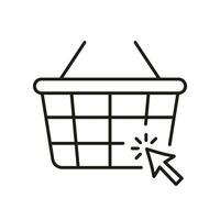 E Commerce Line Icon. Online Supermarket, Internet Grocery Store Linear Pictogram. Basket with Click Pointer Sign. Shopping Bag Outline Symbol. Editable Stroke. Isolated Vector Illustration.