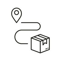 Parcel Location Linear Pictogram. Pin on Map with Box, Shipment Distance Outline Symbol. Delivery Service Route Line Icon. Order Path Sign. Editable Stroke. Isolated Vector Illustration.