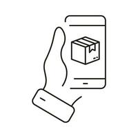 Ecommerce, Online Delivery Service Line Icon. Purchase Shipping Symbol. Mobile Phone with Box Sign in Human Hand. Parcel in Smartphone Pictogram. Editable Stroke. Isolated Vector Illustration.