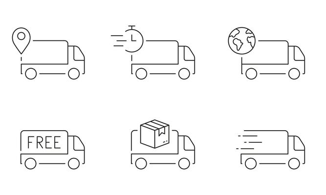 Delivery Truck Line Icon Set. Fast Van, Free Shipping Transport Linear Pictogram. Cargo Transportation Outline Symbol. Parcel Shipment, Logistic Sign. Editable Stroke. Isolated Vector Illustration.