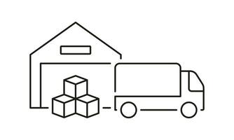 Warehouse and Truck Line Icon. Cargo Box Load Into Vehicle From Storage Building Linear Pictogram. Transportation and Storehouse Symbol. Logistic Sign. Editable Stroke. Isolated Vector Illustration.