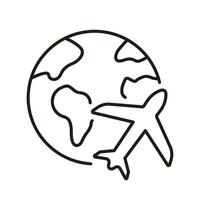 Globe with Plane Line Icon. Travel Around World Linear Pictogram. Airplane with Planet Earth Outline Symbol. Air Transport, Business Flight Sign. Editable Stroke. Isolated Vector Illustration.