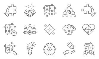 Jigsaw Puzzle, Teamwork Collaboration Outline Symbol Set. Unity Together, Team Building Linear Pictogram. Partnership, Business Cooperation Line Icon. Editable Stroke. Isolated Vector Illustration.