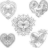 Ethnic butterfly in heart line hand drawn coloring book vector