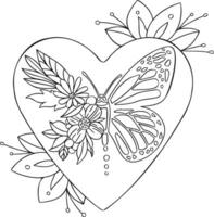 Ethnic butterfly in heart line hand drawn coloring book vector