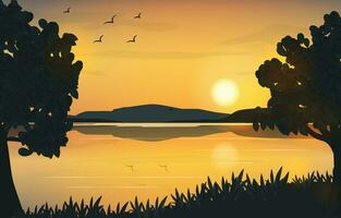 Landscape view of lakeside in the evening vector