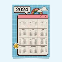 Wall Calendar 2024 design template vector groovy memphis style