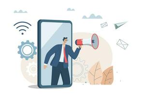 Promoting communication with customers, Sending important messages, Marketing activities with social media campaigns. Businessman advertising or announcement with megaphone from smart phone. vector