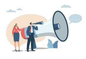 Important announcements, advertisements from company to make organization, or important target groups aware. Businessman and woman with binoculars, megaphone find the target audience to announce. vector