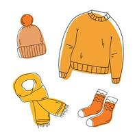 Warm autumn winter clothes. Knitted sweater, hat, scarf and socks. Doodle autumn clothes vector collection. Vector sketch icon isolated on white. Seasonal Design elements