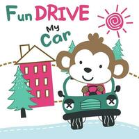 Vector illustration of funy animal driving the car. Funny background cartoon style for kids. Little adventure with animals on the road for nursery design, cartoon tshirt art design.