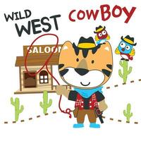 vector illustration of Cute bear cowboy with lasso and and horse. Cartoon character for childrens book, album, baby shower, greeting card, party invitation, house interior. Vector stock illustration.