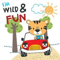 Vector illustration of funy bear driving the red car. Funny background cartoon style for kids. Little adventure with animals on the road for nursery design, cartoon tshirt art design.