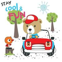 Vector illustration of funy bear driving the red car. Funny background cartoon style for kids. Little adventure with animals on the road for nursery design, cartoon tshirt art design.