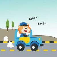 Vector cartoon of funny tiger driving car in the road with village landscape. Can be used for t-shirt printing, children wear fashion designs, baby shower invitation cards and other decoration.