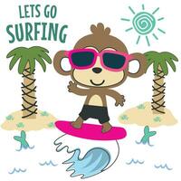 Surfing time with cute little bear at summer. Can be used for t-shirt printing, children wear fashion designs, baby shower invitation cards and other decoration. vector