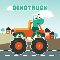 Vector illustration of dinosaurs riding monster truck with cartoon style. Can be used for t-shirt print, kids wear, invitation card. fabric, textile, nursery wallpaper, poster and other decoration.