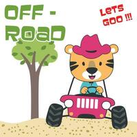 Vector illustration of cute little bear on a off road car go to forest, Can be used for t-shirt print, kids wear, invitation card. fabric, textile, nursery wallpaper, poster and other decoration.